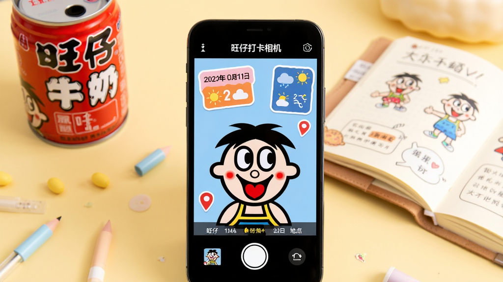 画面中央是一部智能手机,屏幕上显示着“旺仔打卡相机”的拍摄界面,界面中有一个可爱的旺仔卡通形象正在微笑,周围环绕着日期、天气、地点水印标签。背景是温馨的浅黄色桌面,旁边放着真实的旺仔牛奶罐和一本翻开的打卡手账。整体风格清新可爱,布局采用居中构图,细节上突出屏幕内的贴纸与水印元素,画质清晰明亮,干净无多余杂物。