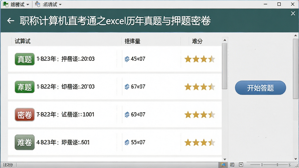 一张展示职称计算机直考通之excel历年真题与押题密卷界面的图片,画面中央为试卷列表,每套试卷显示年份与题量,右侧有开始答题按钮,整体布局列表式排列,风格沉稳专业,采用写实考试软件风格,细节包括真题标签、密卷标识、难度星级,画质清晰,画面干净,无多余元素