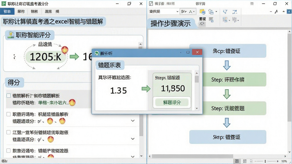 一张展示职称计算机直考通之excel智能评分与错题解析界面的图片,画面左侧为得分面板与错题列表,右侧为操作步骤演示区域,中央弹出解析窗口,整体布局左右分栏,风格清新易读,采用写实教学软件风格,细节包括得分数字、错题标记、步骤箭头,画质清晰,画面干净,无多余元素