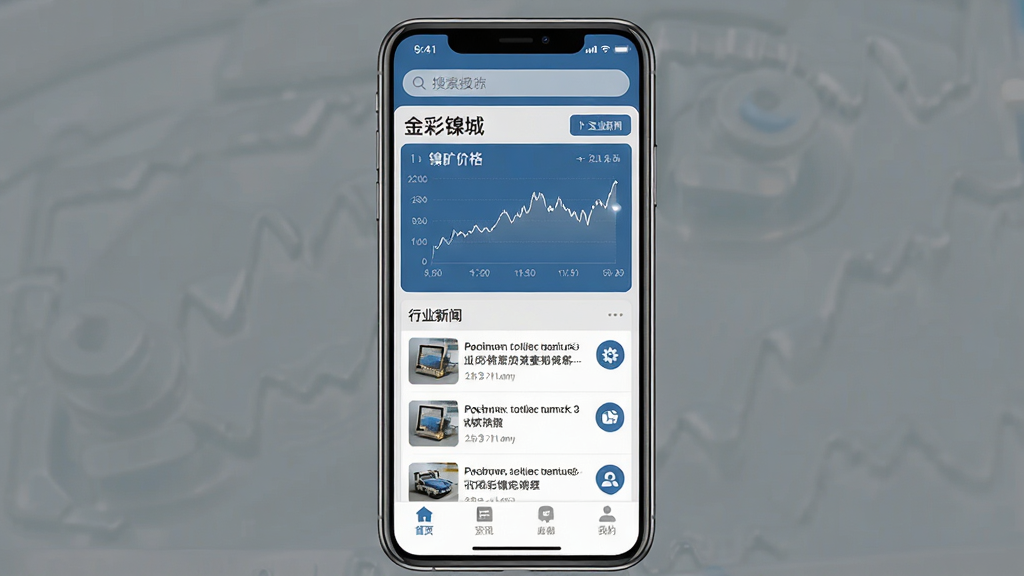 一张展示金彩镍城应用界面的手机效果图,主体为一部竖屏智能手机,屏幕内显示工业资讯类APP首页,包含镍矿价格走势图、行业新闻列表和功能图标,布局清晰,采用蓝色与灰色为主的商务科技风格,细节包括顶部搜索栏、中部数据卡片和底部导航栏,画质清晰,干净,无多余元素