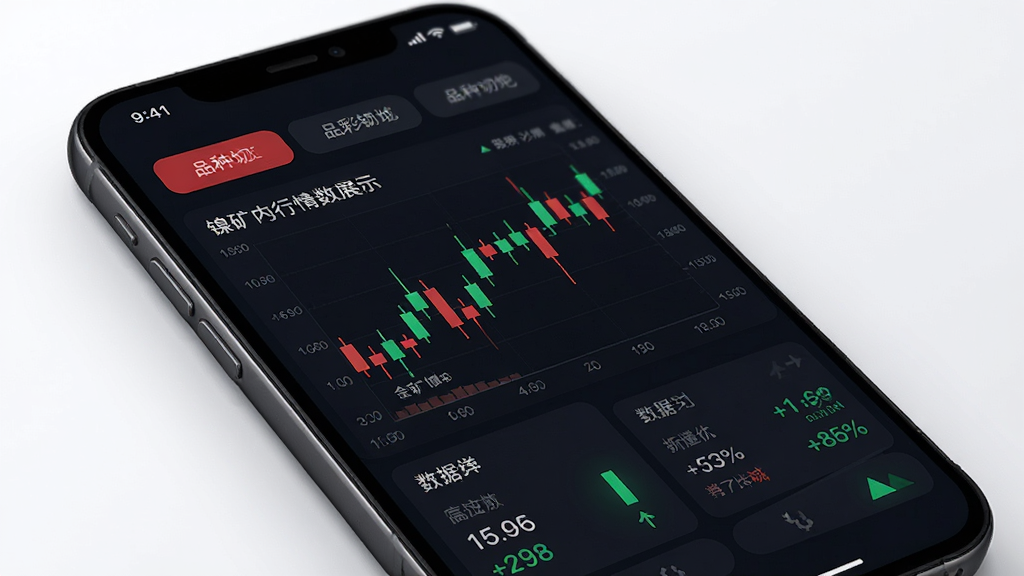 金彩镍城应用内行情数据展示页面的概念图,主体为手机屏幕显示镍矿价格K线图和数字指标,布局采用上下结构,上方为品种切换标签,中部为走势图表,下方为数据明细,风格为现代金融科技感,细节包含红绿涨跌色块和简洁图标,画质清晰,干净,无多余元素