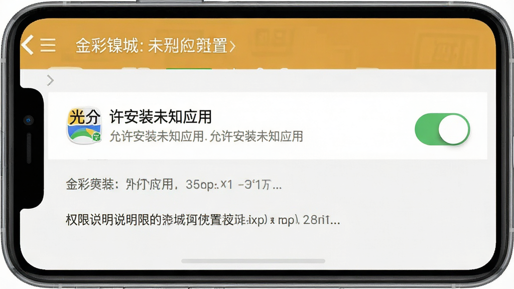 一张金彩镍城应用在手机上的安装权限设置界面示意图,主体为手机屏幕显示设置菜单中“允许安装未知应用”的开关按钮,布局为上下结构,风格为扁平化系统界面,细节包含应用名称和权限说明文字,画质清晰,干净,无多余元素