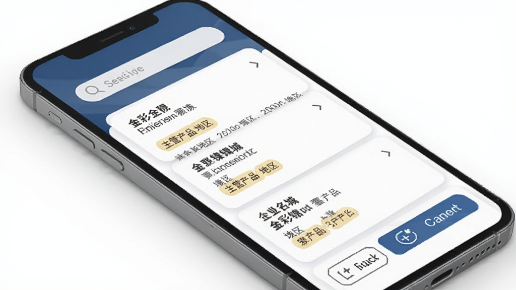 金彩镍城企业黄页功能的界面示意图,主体为手机屏幕显示企业列表,布局为卡片式排列,每个卡片包含企业名称、主营产品和地区标签,风格为简洁商务风,细节有搜索框和筛选按钮,画质清晰,干净,无多余元素
