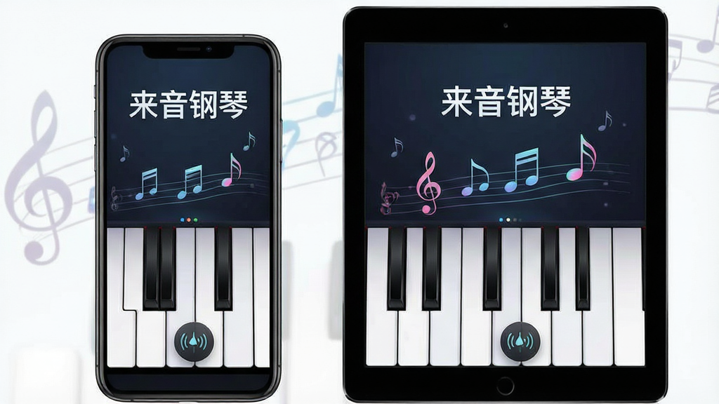一张展示来音钢琴应用界面的预览图,主体为手机与平板并排显示钢琴键盘界面,布局为居中对称,排版上方为软件名称“来音钢琴”,风格为现代科技感与音乐艺术融合,细节包括黑白琴键、音符漂浮、节拍器图标,画质清晰,干净,无多余元素