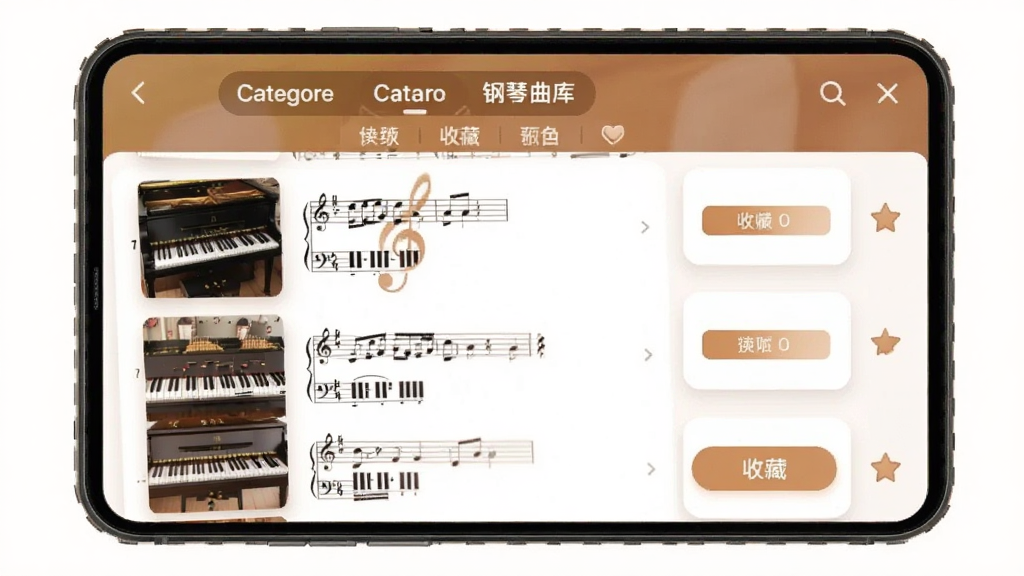 一张来音钢琴曲库界面的预览图,主体为手机屏幕显示乐谱列表与分类标签,布局为纵向滚动列表,排版清晰,风格温暖音乐风,细节包括钢琴谱封面、演奏按钮、收藏图标,画质清晰,干净,无多余元素