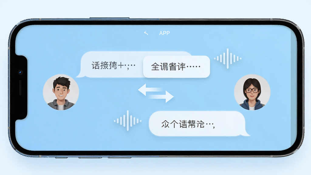 画面中央是一部智能手机,屏幕上显示着话外音APP的对话翻译界面,两个人物头像分别位于屏幕左右两侧,中间用双向箭头连接,背景是浅蓝色渐变,风格简洁现代,细节包括清晰的文字气泡和语音波形图标,画质高清,干净,无多余元素
