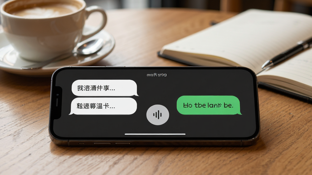 一部手机平放在桌面上,屏幕显示话外音APP的双人对话翻译界面,左侧气泡为中文,右侧气泡为英文,中间有语音输入按钮,背景是温馨的咖啡馆桌面,风格写实,细节包括咖啡杯和笔记本,画质清晰,干净,无多余元素