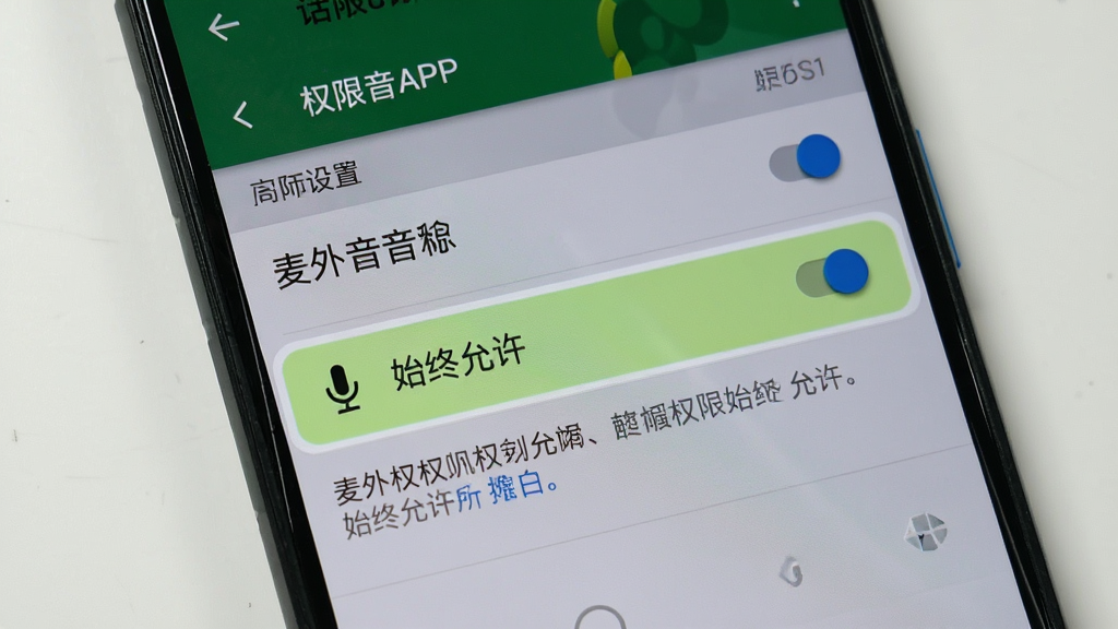 手机屏幕显示话外音APP的权限设置页面,麦克风权限被高亮标注为“始终允许”,背景是安卓系统设置界面,风格写实,细节包括权限开关和提示文字,画质清晰,干净,无多余元素