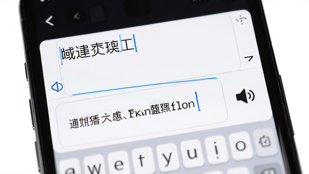 手机屏幕特写,展示话外音APP的文字翻译输入框,上方是中文输入区域,下方是英文翻译结果,旁边有一个喇叭图标,背景是纯白色,风格极简,细节包括光标闪烁效果和键盘边缘,画质高清,干净,无多余元素