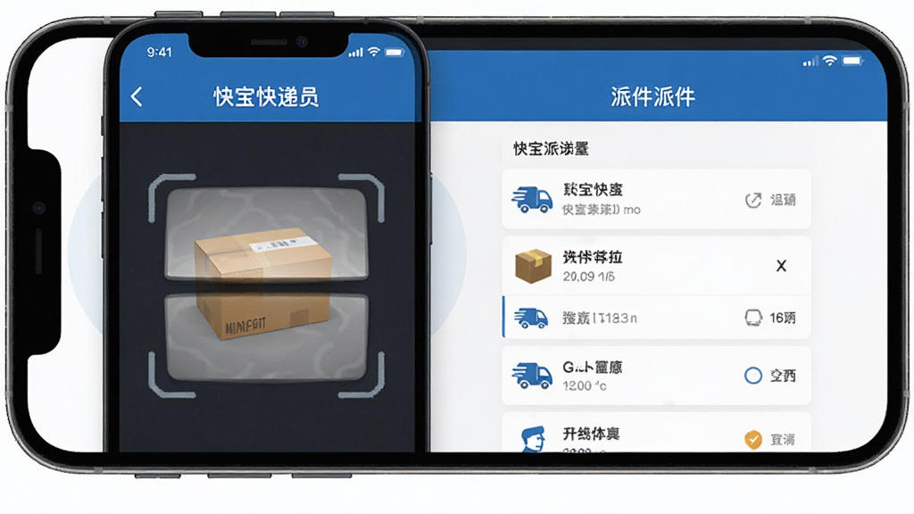 快宝快递员 手机应用主界面展示 蓝色主题 快递包裹扫描与派件列表 布局清晰 排版整齐 扁平化UI风格 细节丰富 高画质 干净 无多余元素