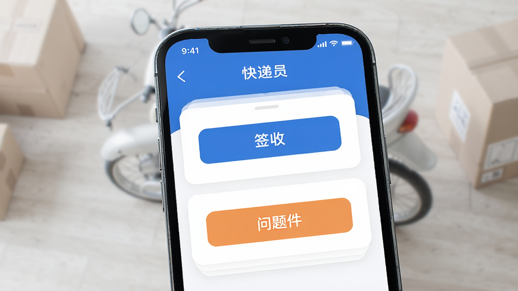 快宝快递员 派件签收与问题件登记功能界面 手机屏幕展示签收按钮和问题件选项 布局为卡片式 排版清晰 简约风格 细节到位 高画质 干净 无多余元素