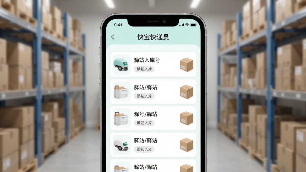 快宝快递员 驿站入库与库存管理界面 手机显示货架编号和包裹列表 布局为列表式 排版规整 清新浅色风格 细节丰富 高画质 干净 无多余元素