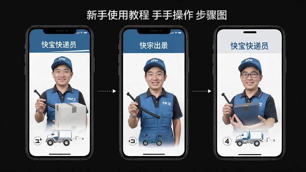 快宝快递员 新手使用教程 手机操作步骤图示 布局为分步展示 排版清晰 风格简洁 细节丰富 高画质 干净 无多余元素