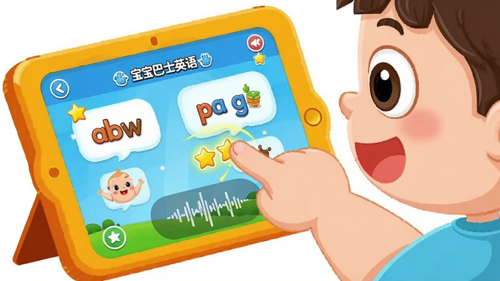 一个卡通儿童正在与平板电脑互动学习英语的场景,画面主体是孩子手指点击屏幕上的英语单词,布局采用侧面视角,风格为温馨卡通风格,细节包括屏幕上的动画效果、星星奖励、语音波形图,画质高清,画面干净,无多余元素,图片中文字为