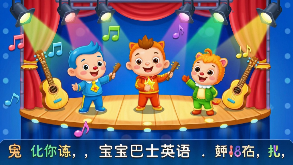 一个儿童英语儿歌播放界面,画面主体是卡通舞台场景,布局采用上下结构,上方是动画角色表演,下方是歌词字幕滚动,风格为明亮欢快的卡通风格,细节包括音符、乐器、彩色灯光,画质高清,画面干净,无多余元素,图片中文字为