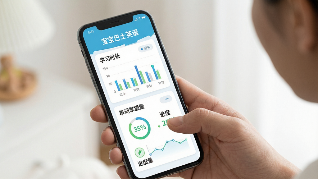 一个家长查看孩子英语学习报告的界面,画面主体是手机屏幕显示学习数据图表,布局采用卡片式布局,风格为简约清新风格,细节包括学习时长统计、单词掌握量、进度百分比,画质高清,画面干净,无多余元素,图片中文字为