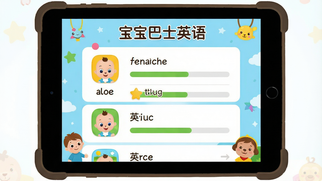 一个儿童英语学习内容展示界面,画面主体是平板电脑屏幕显示宝宝巴士英语的课程列表页面,布局采用居中展示,风格为扁平化UI设计风格,细节包括课程图标、进度条、卡通装饰,画质高清,画面干净,无多余元素,图片中文字为