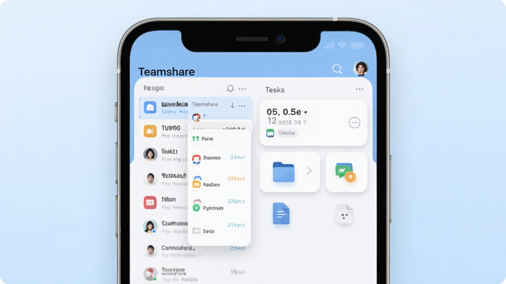Teamshare团队协作办公软件主界面展示,画面中央为手机屏幕,屏幕上显示Teamshare应用的工作台界面,包含消息列表、任务卡片、文件图标等元素,背景为简洁的浅蓝色渐变,风格为扁平化UI设计,细节包括图标阴影和圆角卡片,画质清晰干净,无多余元素