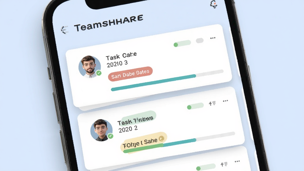 Teamshare任务管理看板界面,画面为手机屏幕显示任务卡片列表,卡片上有负责人头像、截止日期标签和进度条,顶部有Teamshare字样,背景为淡蓝色,风格为现代扁平化设计,细节包括卡片阴影和状态颜色标识,画质清晰干净,无多余元素