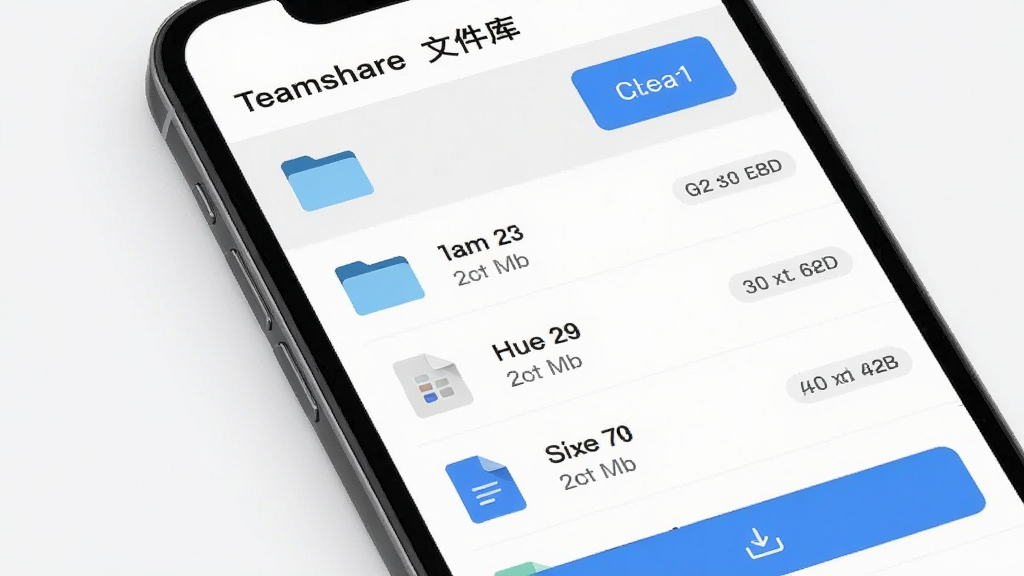 Teamshare文件共享界面,画面展示手机端文件管理页面,包含文件夹图标、文件列表和上传按钮,文件类型图标清晰可见,顶部显示Teamshare文件库标题,背景为白色与浅灰,风格为简约商务,细节包括文件大小和修改时间标签,画质高清干净,无多余元素