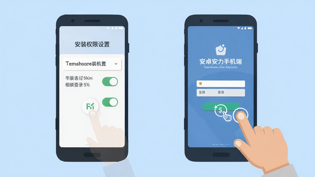 Teamshare安卓手机端使用教程示意图,画面为手机屏幕展示安装权限设置和登录界面,屏幕旁有手指点击图标,背景为浅蓝色,风格为扁平化插画,细节包括权限开关和登录按钮,画质清晰干净,无多余元素
