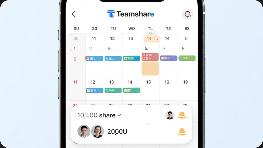 Teamshare日程管理界面,画面为手机日历视图,日期格中有彩色日程标记,下方显示日程详情卡片,包含时间、参与人头像和提醒图标,顶部有Teamshare标志,背景为浅色渐变,风格为清新简约,细节包括日历网格和圆角卡片,画质清晰干净,无多余元素