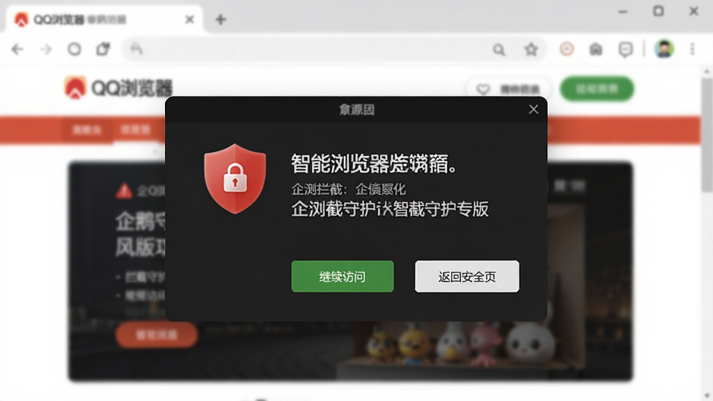 一张展示QQ浏览器 企鹅守护专版智能拦截功能的示意图,主体为浏览器弹窗警示界面,布局中央是红色盾牌与拦截提示文字,背景是模糊的风险网页,排版突出安全警示,风格简洁严肃,细节包括拦截原因说明、继续访问按钮、返回安全页按钮,画质清晰,干净,无多余元素