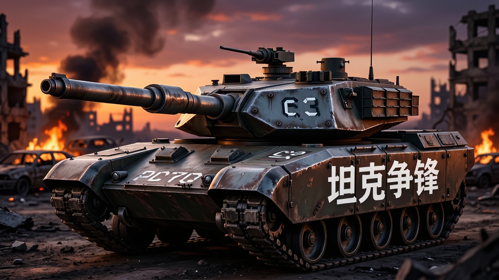 画面中央展示一辆未来感十足的重型坦克,炮塔微微转向左侧,车体表面带有磨损金属质感与战术编号,背景是黄昏时分的城市废墟战场,远处有燃烧的车辆残骸与断壁,天空呈现橙紫色渐变,画面采用写实军事风格,细节丰富,光影对比强烈,画质清晰,干净,无多余元素,坦克侧面印有“坦克争锋”四个白色粗体字。