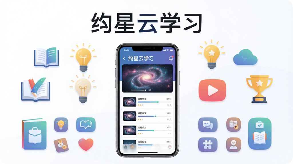 主体为一部智能手机居中放置,屏幕内展示绚星云学习APP的课程学习界面,周围环绕书籍、灯泡、播放按钮、奖杯等学习相关图标元素,布局采用上下分布,上方为软件名称