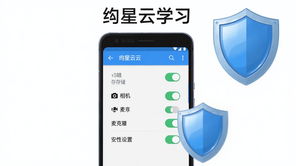 主体为一部安卓手机屏幕展示绚星云学习的权限设置界面,界面中列出存储、相机、麦克风等权限开关,手机旁边放置一个盾牌图标象征安全,布局为手机居中,盾牌位于右上方,上方标注