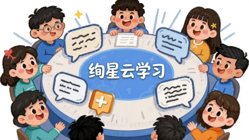 主体为多位卡通人物头像围绕一个圆形讨论桌,桌上放置对话框与知识图标,布局为环形围绕式,中心位置标注