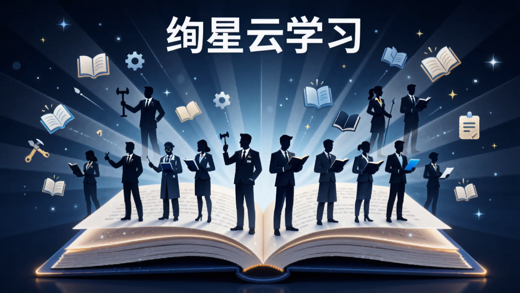 主体为一本打开的巨大电子书,书页中飞出各种职业人物剪影与知识图标,布局为中心发散式,上方居中位置标注