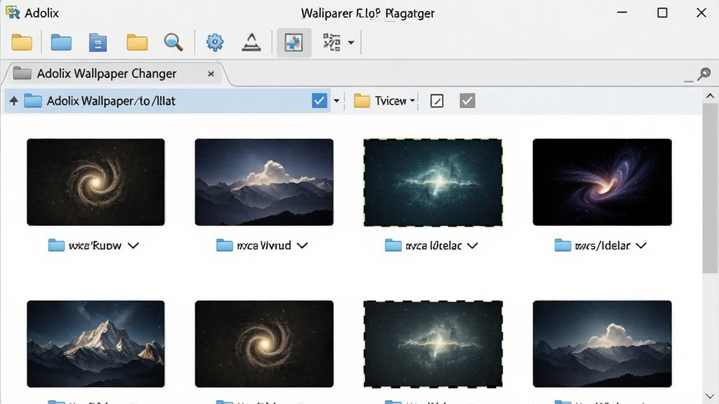 一张展示 Adolix Wallpaper Changer 多文件夹管理功能的界面图,画面主体是软件的文件列表区域,显示多个文件夹路径和对应的壁纸预览缩略图,布局为上下结构、上方为工具栏下方为列表区,风格为清爽的软件操作界面风,细节包括文件夹图标、图片缩略图、勾选框等元素,画质高清,画面干净整洁。