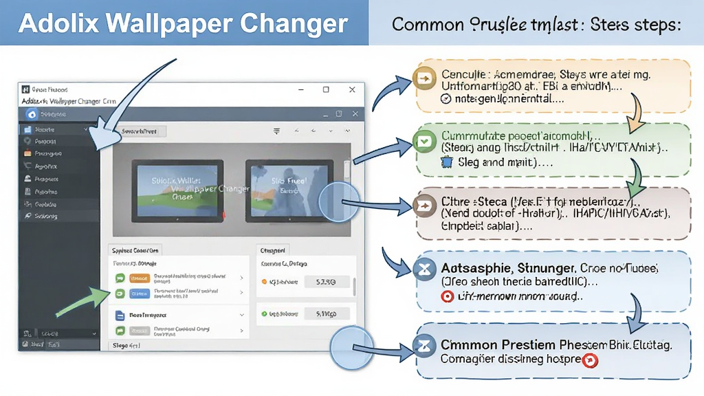 一张展示 Adolix Wallpaper Changer 软件运行状态和常见问题排查步骤的示意图,画面主体是软件主界面和旁边标注的排查要点列表,布局为左图右文结构,风格为信息图表式的说明风,细节包括软件窗口截图、箭头标注、文字说明框等元素,画质高清,画面干净整洁无多余装饰。
