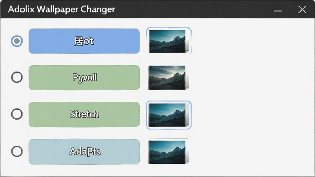 一张展示 Adolix Wallpaper Changer 壁纸填充模式选择界面的图片,画面主体是软件的效果设置面板,面板上列出居中、平铺、拉伸、适应等选项按钮,布局为纵向排列的选项列表,风格为简约的软件设置界面风,细节包括选项文字、单选按钮、预览小图等元素,画质清晰,画面无杂乱元素。