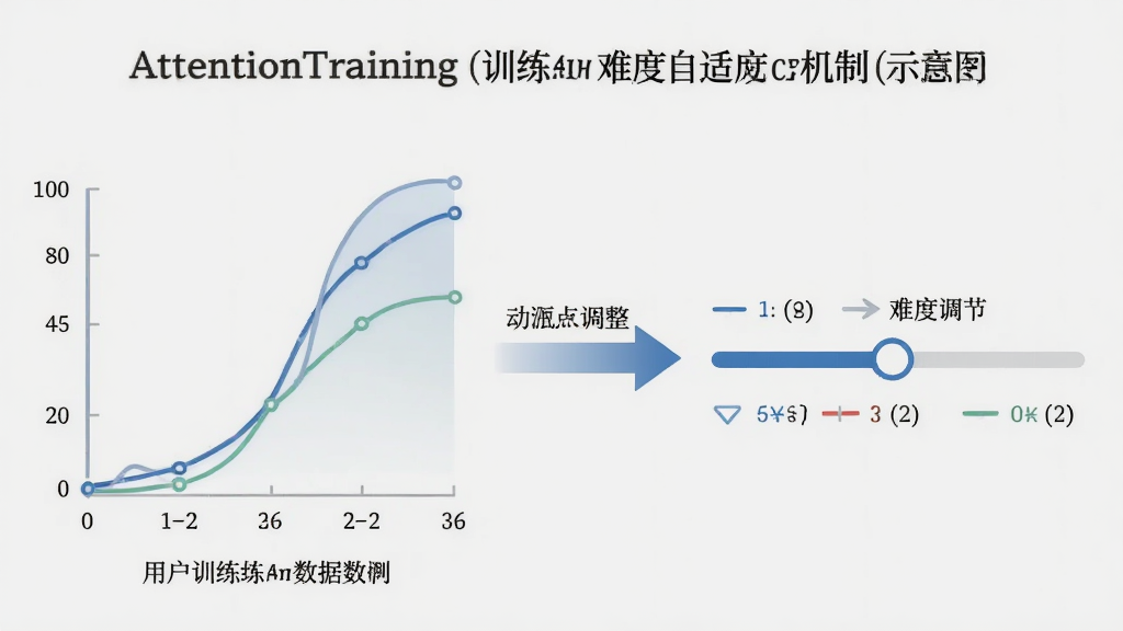 一张展示AttentionTraining训练难度自适应机制的示意图,画面左侧是用户训练数据曲线,右侧是难度调节滑块,中间用箭头连接表示动态调整过程,背景为浅灰色,线条简洁流畅,风格专业理性,画面干净无多余元素,高画质。