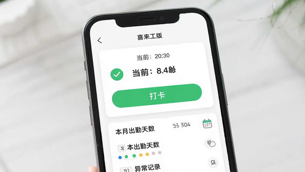 喜来工企业版考勤打卡界面,画面展示手机屏幕内员工打卡页面,显示当前时间、打卡按钮、本月出勤天数与异常记录列表,背景为白色卡片式布局,风格简洁清新,细节包含绿色打卡成功标识与日历图标,画质清晰,干净,无多余元素
