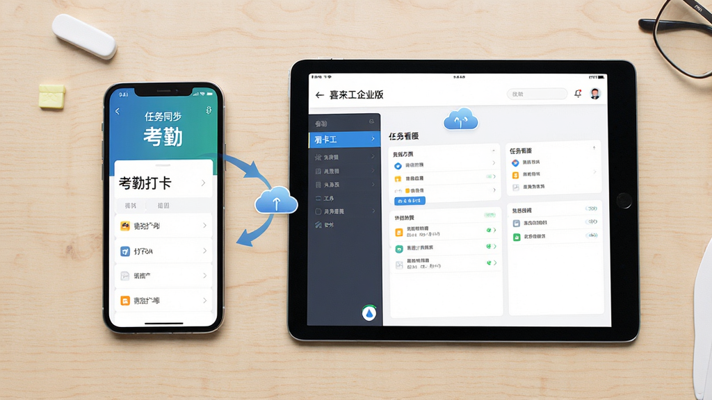 喜来工企业版移动端操作示意图,画面展示一部智能手机与一台平板电脑并排摆放,屏幕内分别显示考勤打卡与任务看板界面,背景为浅色木质桌面,风格简洁商务,细节包含数据同步箭头与云朵图标,画质高清,干净,无多余元素