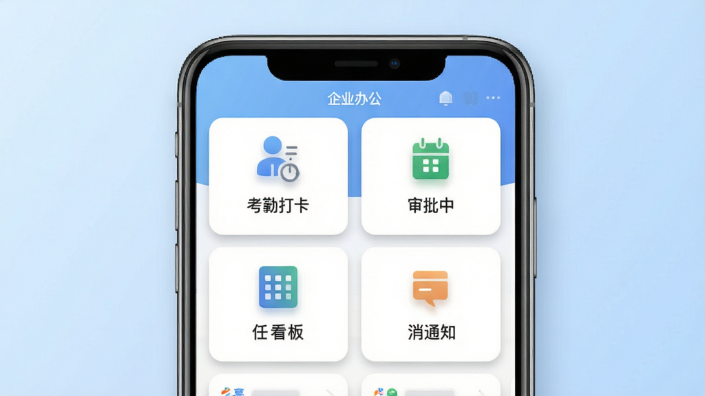 喜来工企业版软件主界面截图,画面中央展示手机屏幕内企业办公应用首页,包含考勤打卡、审批中心、任务看板、消息通知等模块图标,布局清晰整齐,背景为浅蓝色渐变,风格简洁商务,细节包含图标阴影与文字标签,画质高清,干净,无多余元素