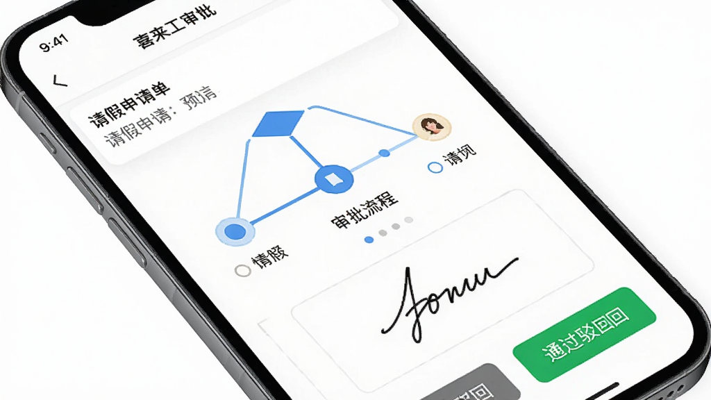 喜来工企业版移动审批界面,画面展示手机屏幕内审批详情页,包含请假申请单、审批流程节点图、手写签名区域与通过驳回按钮,背景为白色,风格商务正式,细节包含蓝色流程连线与状态图标,画质清晰,干净,无多余元素