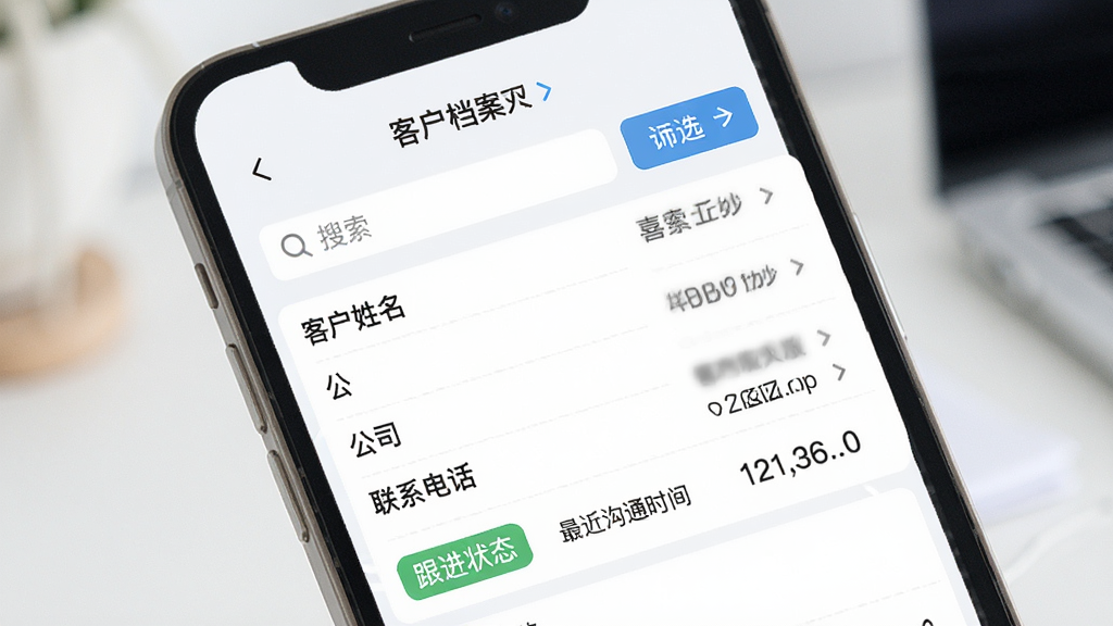 喜来工企业版客户管理列表,画面展示手机屏幕内客户档案页面,包含客户姓名、公司、联系电话、跟进状态标签与最近沟通时间,背景为浅色,风格简洁明快,细节包含搜索框与筛选按钮,画质高清,干净,无多余元素