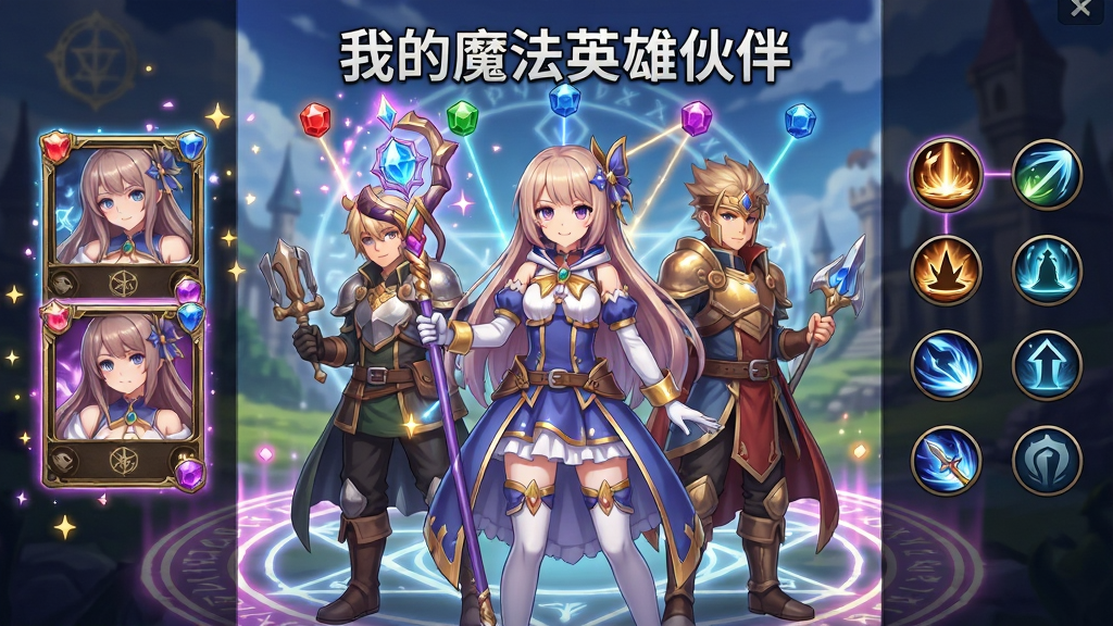 整体画面以二次元魔法世界为背景,中央放置游戏主界面截图风格构图,主体是一位手持法杖的魔法少女与三位英雄伙伴并肩站立,布局采用左中右三分法,左侧展示角色卡牌,右侧展示技能图标,排版干净整洁,风格为日系二次元卡牌手游宣传图,细节包含魔法阵光效、星光粒子、彩色宝石、英雄羁绊连线,画质高清精致,干净清爽,无多余元素,画面中文字标注“我的魔法英雄伙伴”
