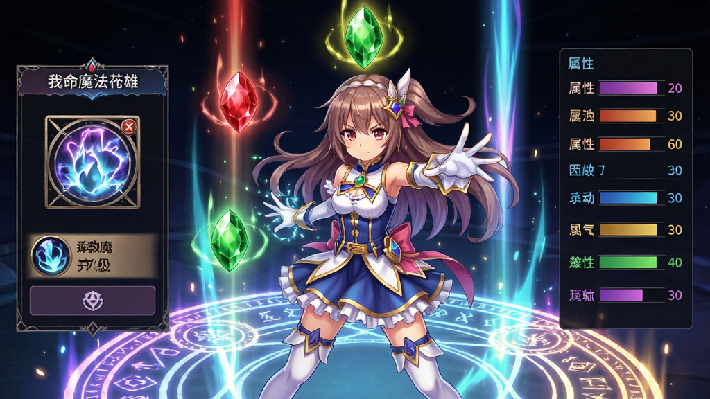 画面主体为一位二次元魔法少女正在释放命技,周围环绕三颗不同颜色的技能宝石,布局采用中心人物加环绕元素的构图,左侧展示命技升级面板,右侧展示属性数值条,排版清晰,风格为日系魔法战斗特效图,细节包含魔法阵、能量光柱、角色动态姿势,画质高清,干净,无多余元素,画面中文字标注“我的魔法英雄伙伴”