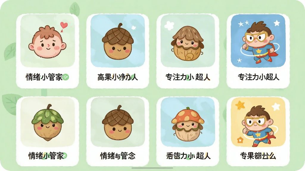 松果儿童正念APP内课程列表页面截图,画面展示多个课程卡片,卡片上有可爱的插画图标和课程名称如“情绪小管家”“专注力小超人”,背景为柔和浅绿色,整体布局整齐,风格清新童趣,画质清晰,干净,无多余元素