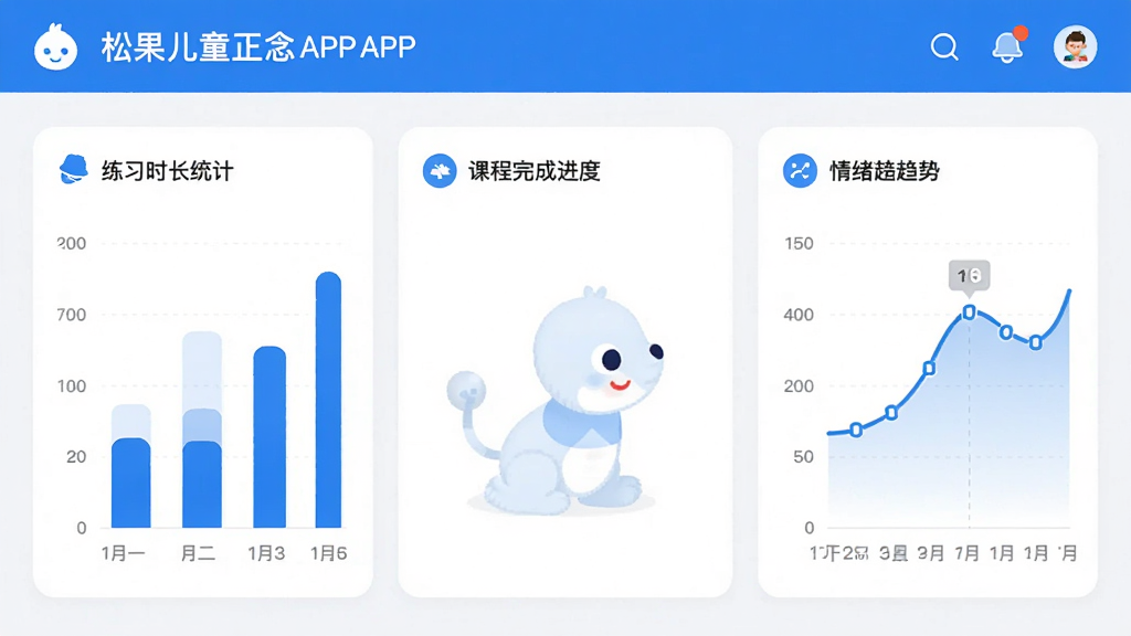 松果儿童正念APP家长端数据面板截图,画面显示练习时长统计图表、课程完成进度、情绪趋势曲线,界面简洁专业,色彩以蓝色和白色为主,布局清晰,风格现代简约,细节包括数据图表和图标,画质高清,干净,无多余元素