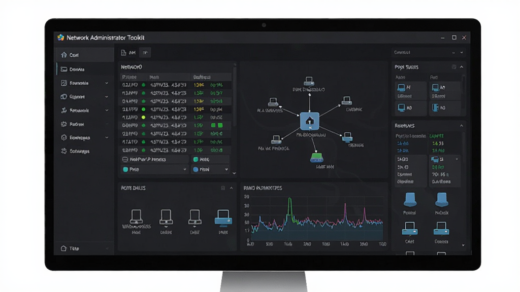 一张展示 Network Administrator Toolkit 软件主界面的图片,主体为电脑屏幕上打开的深色主题网络管理仪表盘,布局为左侧功能导航栏、右侧实时网络拓扑图与数据面板,排版居中呈现整屏界面,风格为专业科技感,细节包括IP地址列表、端口状态指示灯、流量曲线图和设备图标,画质清晰,画面干净,无多余元素。