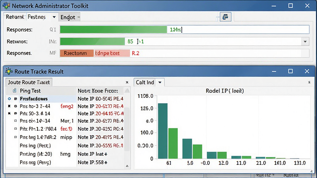 一张展示 Network Administrator Toolkit 网络诊断功能的图片,主体为软件界面中的Ping测试与路由追踪结果窗口,布局为上方参数输入区、下方跳转节点列表与延迟柱状图,排版整齐清晰,风格为专业技术风,细节包括绿色响应时间条、红色超时标记和节点IP信息,画质高清,画面干净,无多余元素。