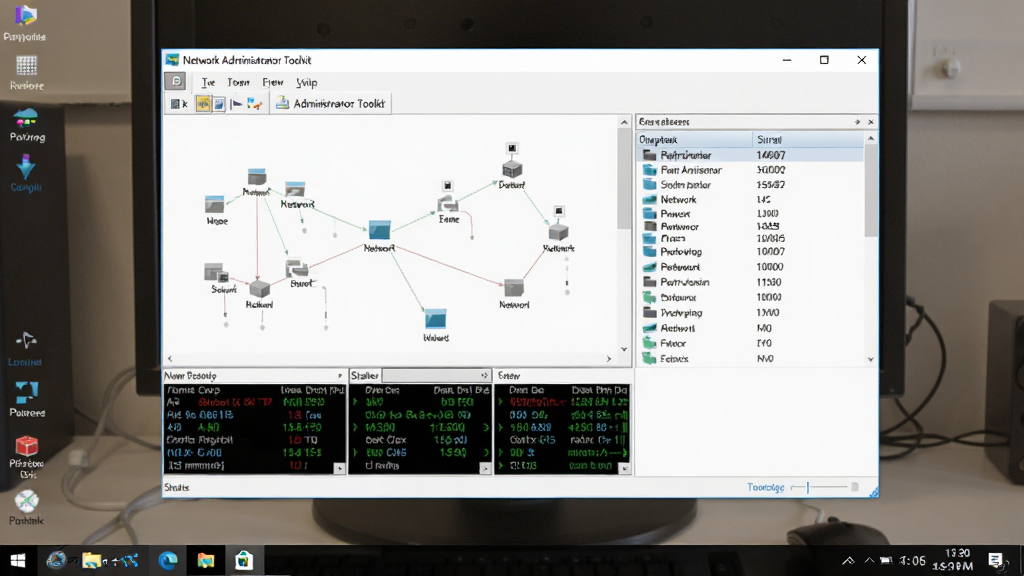一张展示 Network Administrator Toolkit 运行状态的图片,主体为Windows桌面上的软件主窗口与系统托盘图标,布局为居中窗口展示网络拓扑与状态栏,排版自然,风格为真实办公场景,细节包括任务栏时间、托盘小图标和窗口内设备列表,画质清晰,画面干净,无多余元素。