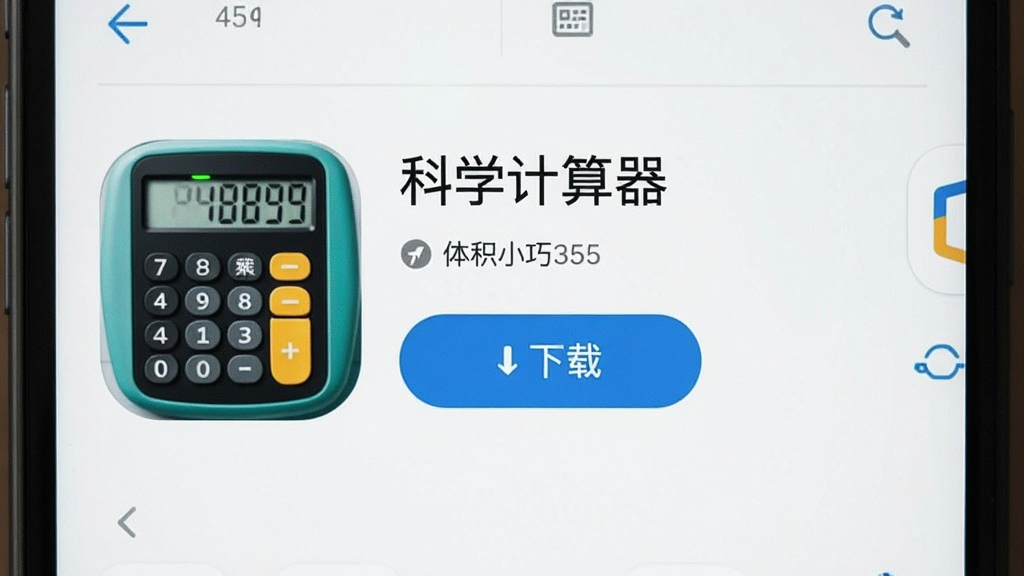 一张展示手机应用商店中科学计算器下载页面的图片,页面显示软件图标、名称“科学计算器”、体积小巧的标注和下载按钮,背景为应用商店的浅色界面,整体排版干净利落,画质清晰,无多余装饰