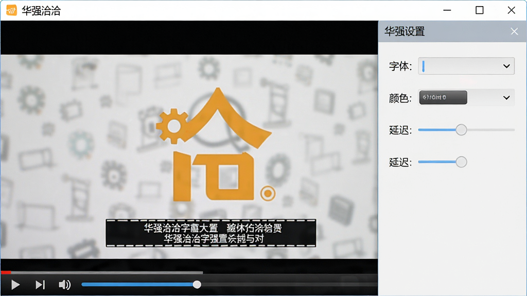一张展示华强洽洽字幕设置界面的图片,画面中视频播放窗口下方显示字幕,右侧弹出字幕设置面板,包含字体大小、颜色、延迟调整等选项,面板风格简洁,软件名称“华强洽洽”显示在标题栏,画质高清,干净,无多余元素